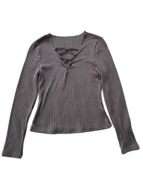 SHEIN Lace Up Front Ribbed Knit Top Gray Women's Medium